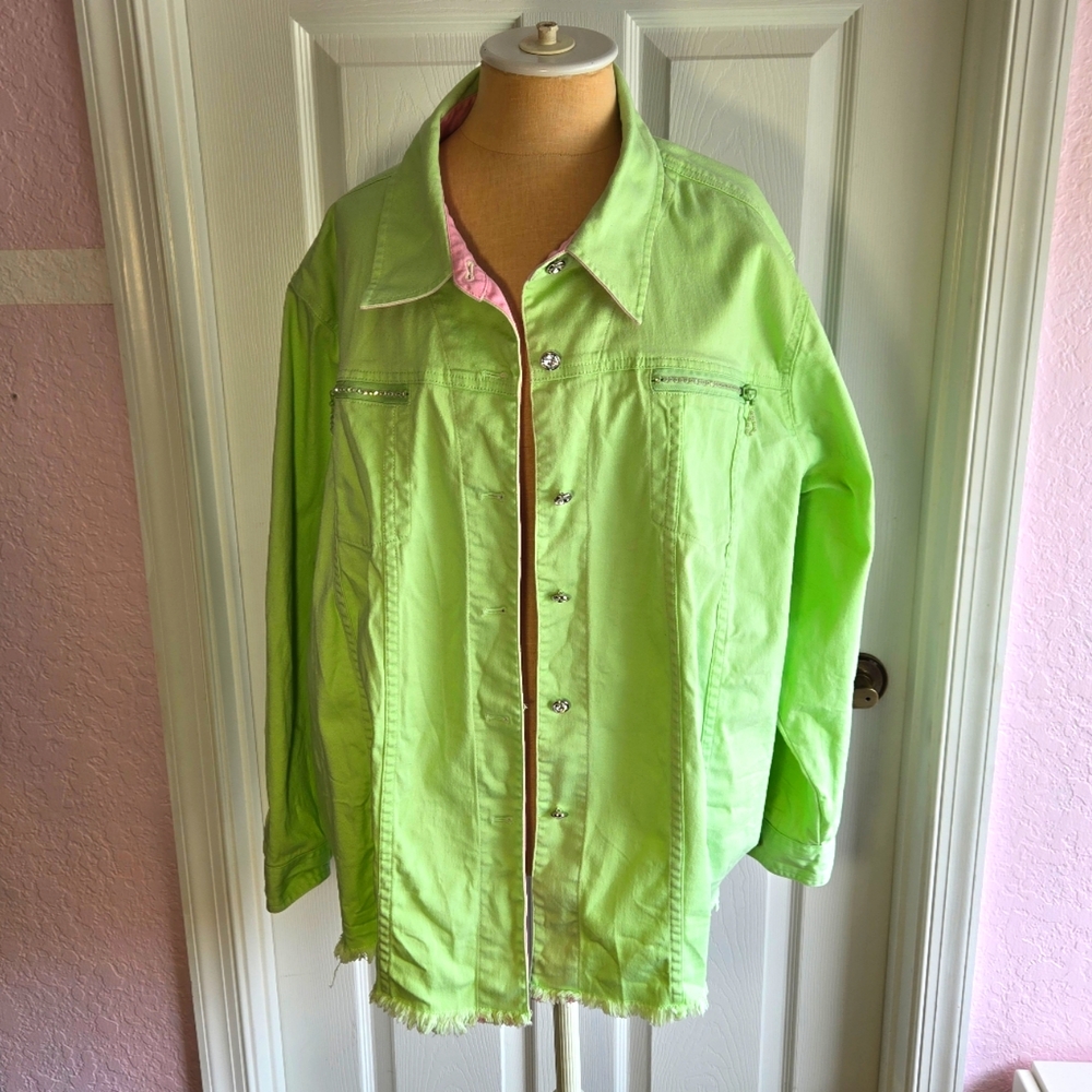 Quacker Factory 3X Green Rhinestone Cotton Button Up Collared Jacket‎ Bling